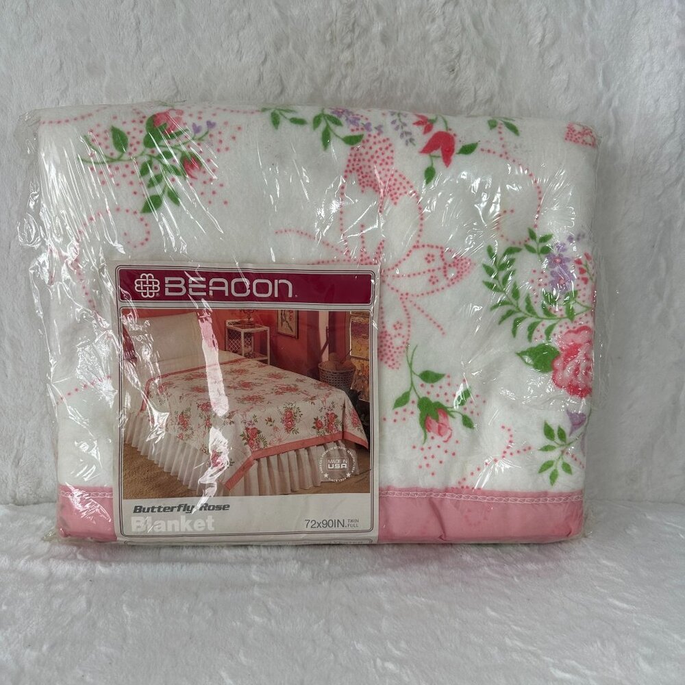 Beacon Butterfly Rose Blanket Twin/Full Made In USA Acrylic Blanket Satin Trim - Picture 1 of 5